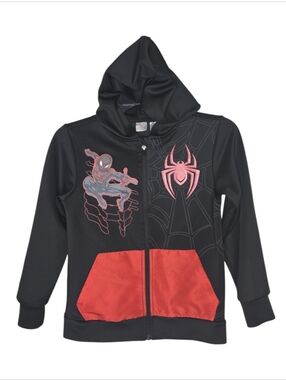 Marvel Comics Boy's Spiderman Zip Front Hooded Knit Jacket Size 8